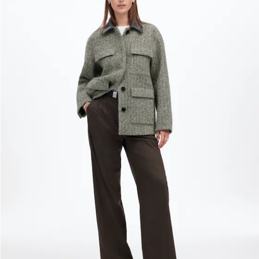 NWT Madewell Leather Collar Gray Textured Tweed Field Jacket, Size L